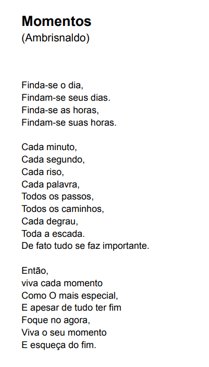 Poema participante da exposição Momentos especiais do Café com Poesia, no hall do bloco A, do Câmpus Chapecó do IFSC